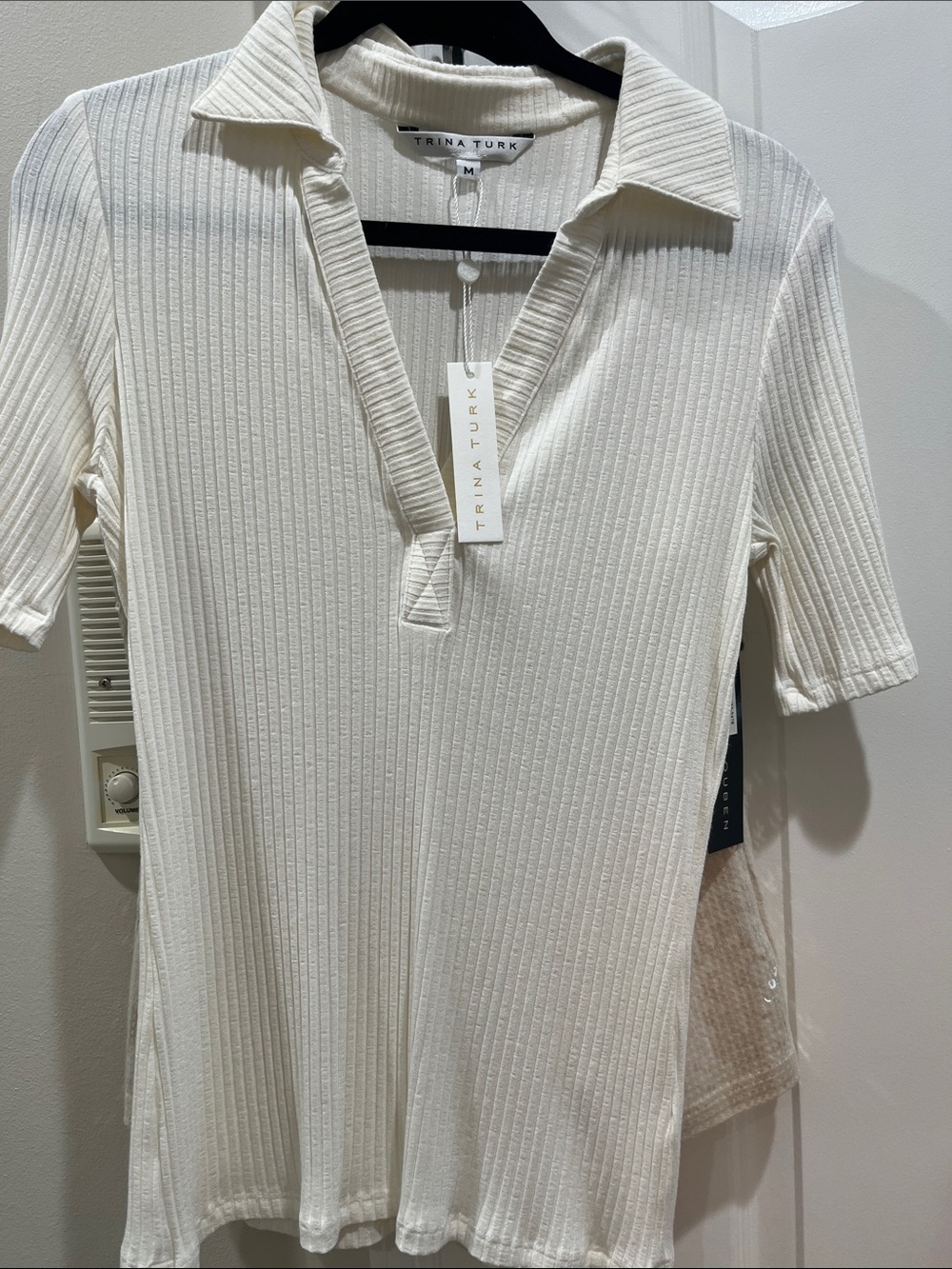 Trina Turk Cream Ribbed Short-Sleeve Polo Top